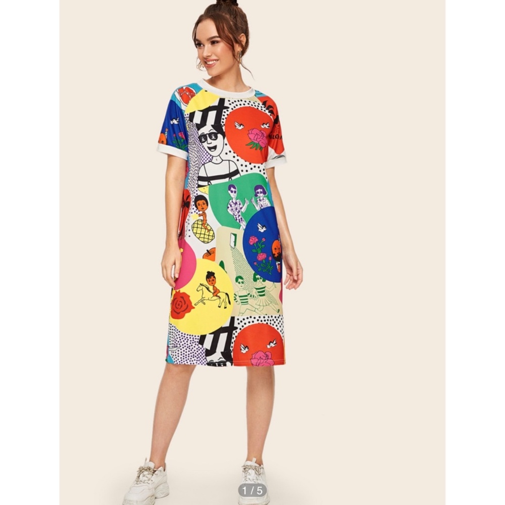 Shein Fun Cartoon & Letter Graphic Tee Dress, Lg